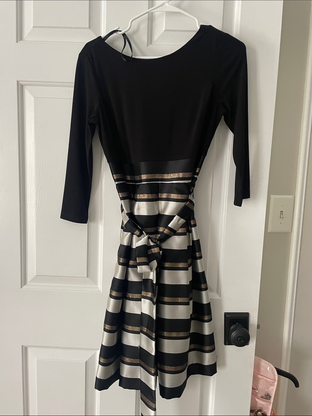 Jessica Howard Black Dress with Gold and White Stripes